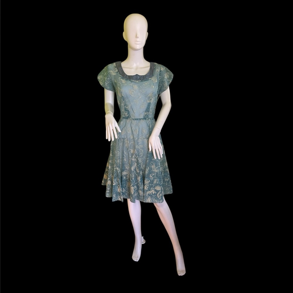 Vtg Blue 50’s Floral Fit-and-Flare Dress